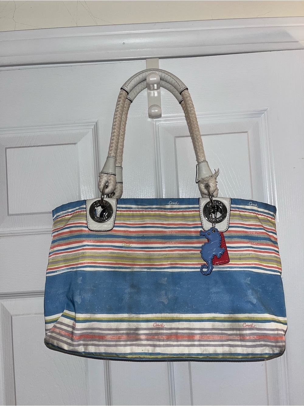 Coach, Striped Blue Bag with Seahorse Charm